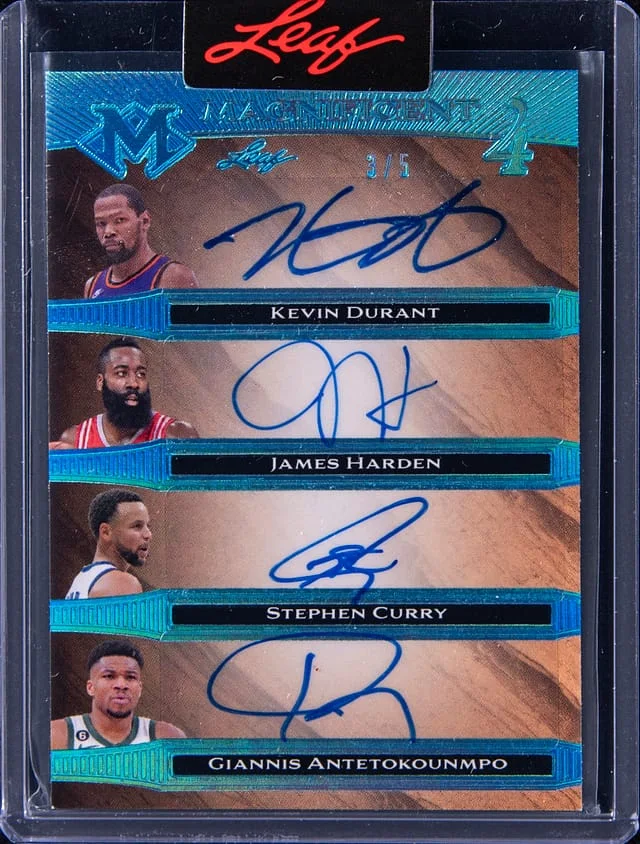 2023 Leaf Kevin Durant/James Harden/Stephen Curry/Giannis Antentokounmpo Multi-Signed Card Encased Magnificence Magnificent 4 #M4-3 card image
