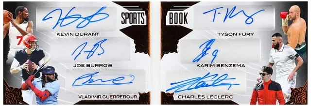 2023 Leaf Kevin Durant/Tyson Fury/Joe Burrow/Karim Benzema/Vladimir Guerrero Jr./Charles Leclerc Sports Book #SPB-3 card image