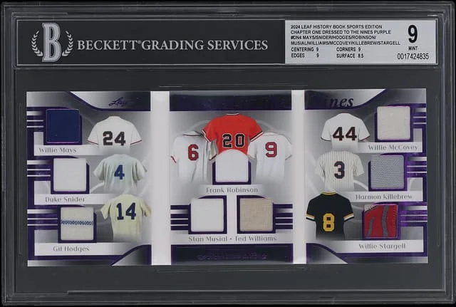 2023 Leaf Mays/Snider/Hodges/Frank Robinson/Musial/Williams/McCovey/Killebrew/Stargell Game-Used History Book Sports Edition Chapter One Dressed to the Nines Purple #DN-4 card image