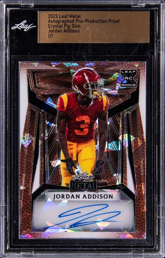 2023 Leaf Metal Autographed Pre-Production Proof Crystal Pig Skin Jordan Addison #no-number card image
