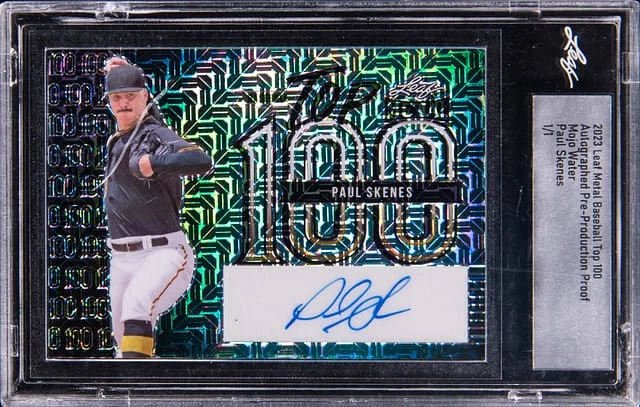 2023 Leaf Metal Autographed Pre-Production Proof Mojo Water Paul Skenes Baseball Top #100 card image