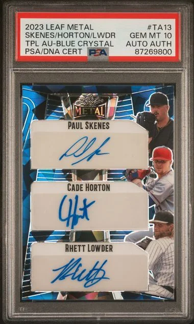 2023 Leaf Metal Cade Horton/Paul Skenes/Rhett Lowder Triple Autographs Blue Crystal #TA13 card image