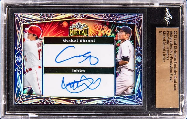 2023 Leaf Metal Christmas Exclusive Dual Autographs Pre-Production Proof Prismatic Fireworks Shohei Ohtani/Ichiro #no-number card image