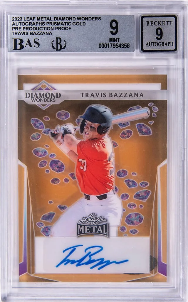 2023 Leaf Metal Diamond Wonders Autographs Prismatic Gold Pre-Production Proof Travis Bazzana #no-number card image