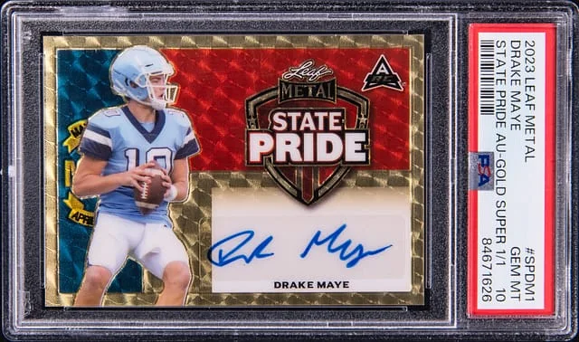 2023 Leaf Metal Drake Maye State Pride Autograph Gold Super #SP-DM1 card image