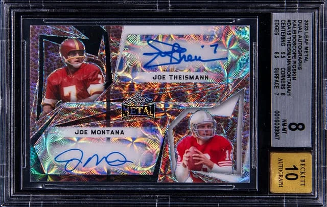 2023 Leaf Metal Joe Theismann/Joe Montana Kaleidoscope Pigskin Dual Autographs #DA15 card image