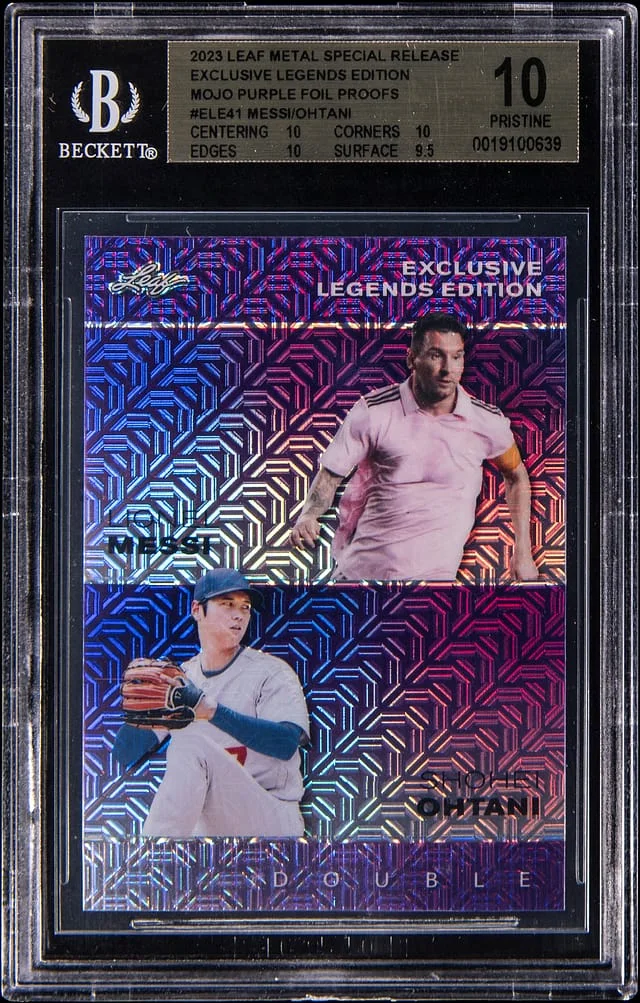 2023 Leaf Metal Lionel Messi/Shohei Ohtani Special Release Exclusive Legends Edition Mojo Purple Foil Proofs #ELE41 card image