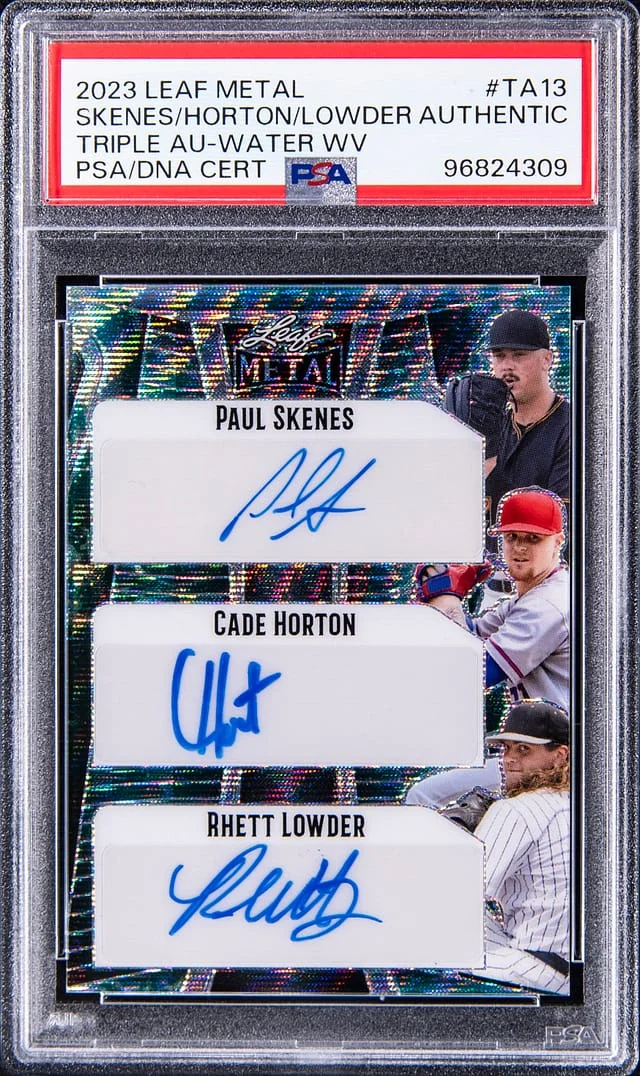 2023 Leaf Metal Paul Skenes/Cade Horton/Rhett Lowder Multi-Signed Triple Autographs Water Wave #TA-13 card image