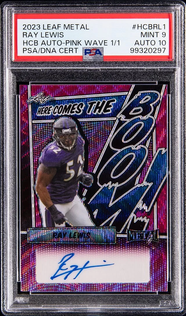 2023 Leaf Metal Ray Lewis Here Comes The Boom! Autograph Pink Wave #RL1 card image