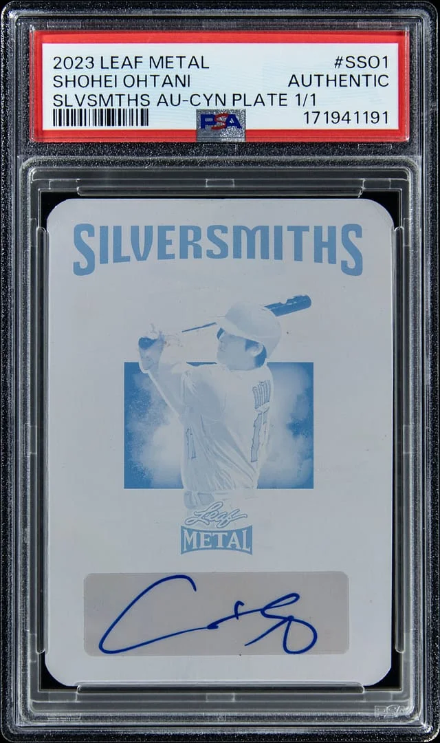 2023 Leaf Metal Shohei Ohtani Silversmiths Autograph Cyan Printing Plate #S-SO1 card image