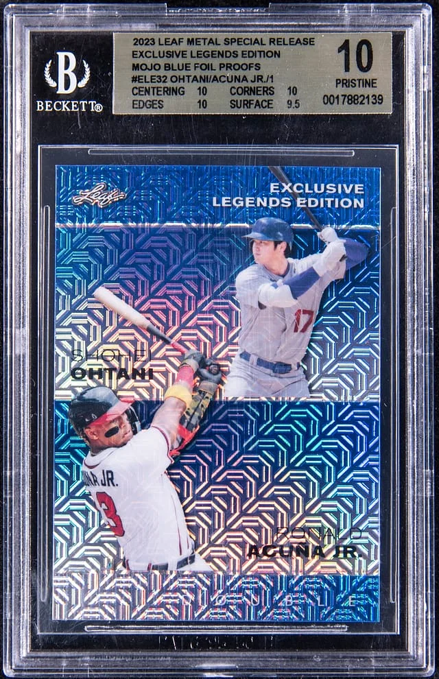 2023 Leaf Metal Shohei Ohtani/Ronald Acuna Jr. Special Release Exclusive Legends Edition Mojo Blue Foil Proofs #ELE32 card image