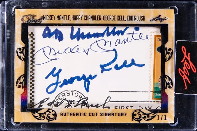 2023 Leaf Mickey Mantle/Happy Chandler/George Kell/Edd Roush Pearl Authentic Cut Signature #PC-MR1 card image