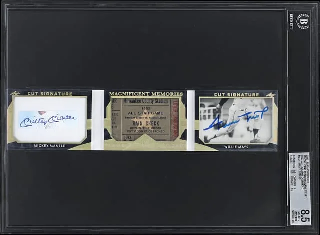 2023 Leaf Mickey Mantle/Willie Mays Magnificence Magnificent Memories Game Ticket Dual Cut Signatures Gold Holo #MM-11 card image