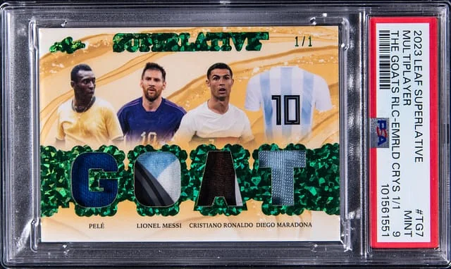 2023 Leaf Pele/Lionel Messi/Cristiano Ronaldo/Diego Maradona Game-Used Superlative The Goats Relics Emerald Crystals #TG7 card image