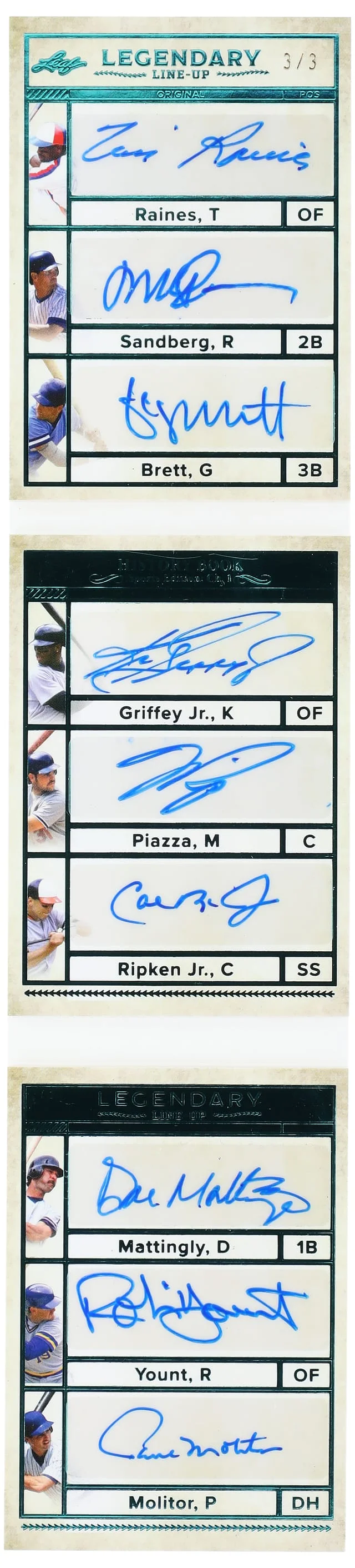 2023 Leaf Raines/Sandberg/Brett/Griffey Jr./Piazza/Ripken Jr./Mattingly/Yount/Molitor Multi-Signed History Book Sports Edition Legendary Line-Up #LL-5 card image