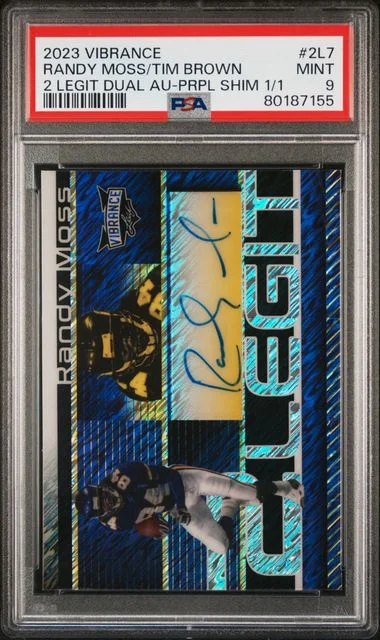 2023 Leaf Randy Moss/Tim Brown Vibrance 2 Legit Dual Autographs Purple Shimmer 1/1 #2L7 card image