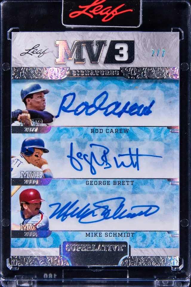 2023 Leaf Rod Carew/George Brett/Mike Schmidt Superlative Sports MV3 Signatures #MV3-T card image