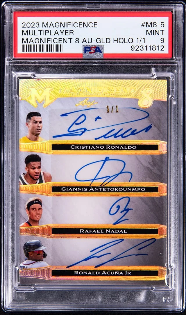 2023 Leaf Ronaldo/Antetokounmpo/Nadal/Acuna Jr./Purdy/O'Malley/Omega/White Multi-Signed Magnificent Magnificent 8 Autographed Gold Holo #M8-5 card image