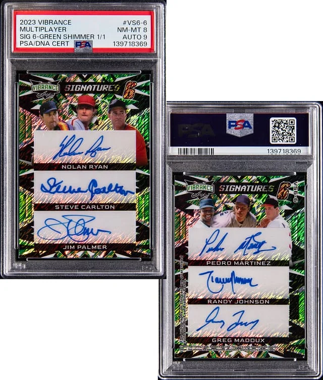 2023 Leaf Ryan/Carlton/Palmer/Martinez/Johnson/Maddux Multi-Signed Vibrance Signatures 6 Green Shimmer #VS6-6 card image