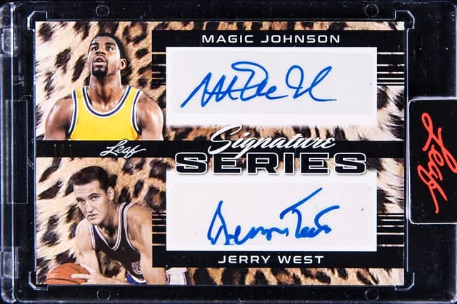 2023 Leaf Signature Series Magic Johnson/Jerry West Dual Autograph Cheetah Print #DA-32 card image