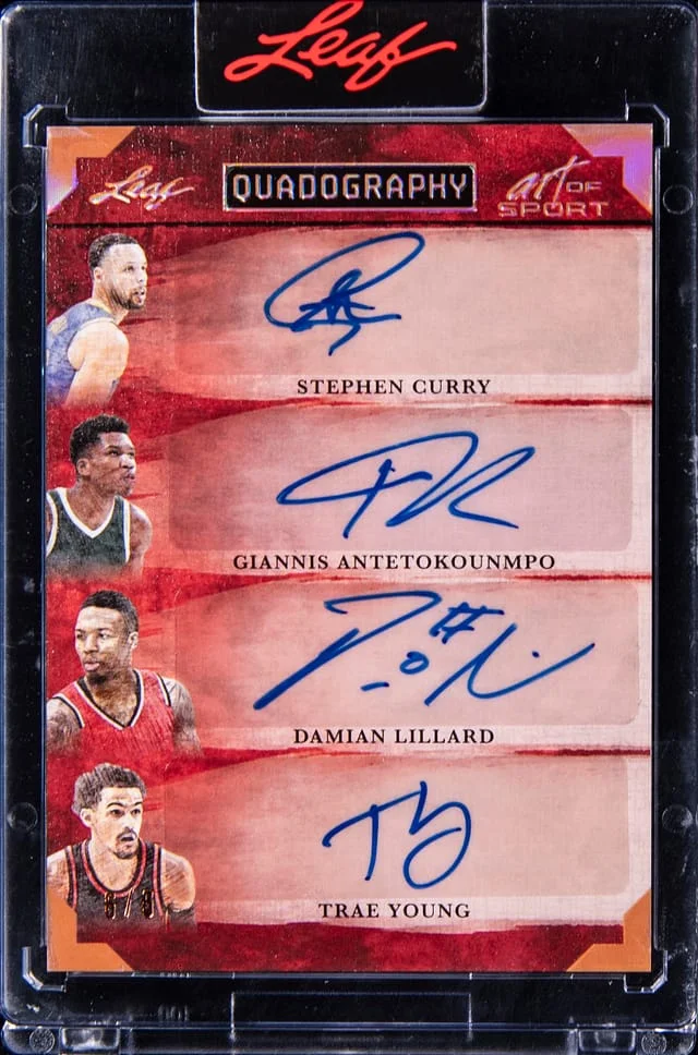 2023 Leaf Stephan Curry/Giannis Antetokounmpo/Damian Lillard/Trae Young Multi-Signed Card - Leaf Encased Art of Sport Quadography #Q-4 card image