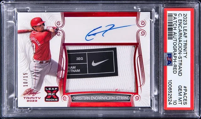 2023 Leaf Trinity Christian Encarnacion Strand Patch Autographs Red #PA-CES card image