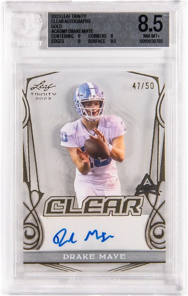 2023 Leaf Trinity Drake Maye Clear Autographs Gold #CA-DM1 card image