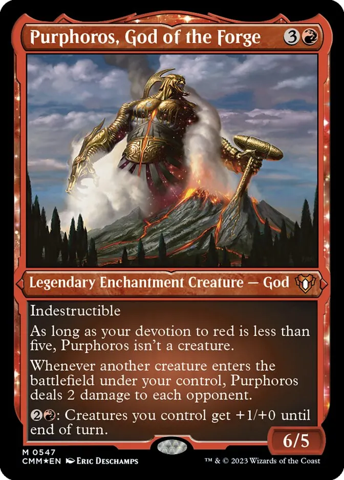 2023 Commander Masters Purphoros, God of the Forge #547 mythic card image