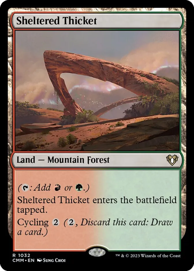 2023 Commander Masters Sheltered Thicket rare #1032 rare card image
