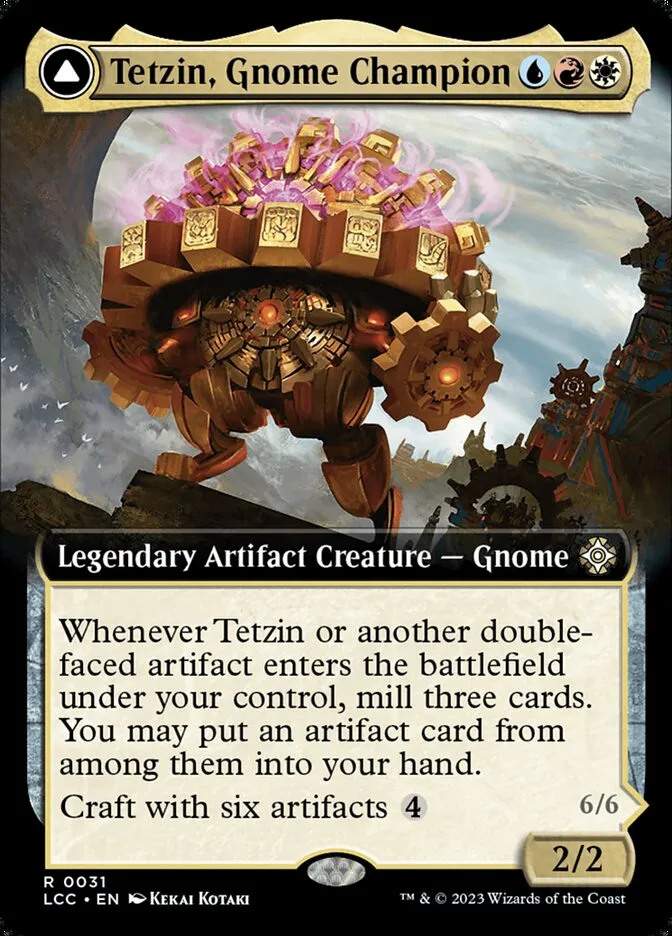 2023 The Lost Caverns of Ixalan Commander Tetzin, Gnome Champion // The Golden-Gear Colossus rare #31 rare card image