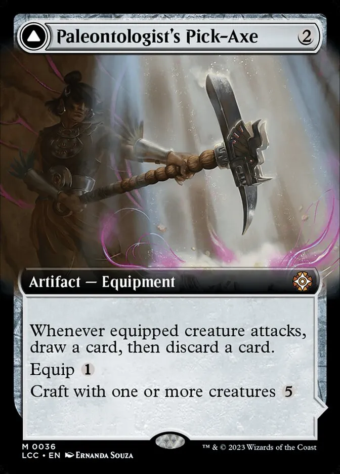 2023 The Lost Caverns of Ixalan Commander Paleontologist's Pick-Axe // Dinosaur Headdress #36 mythic card image