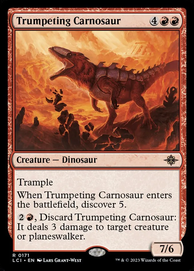 2023 The Lost Caverns of Ixalan Trumpeting Carnosaur rare #171 rare card image
