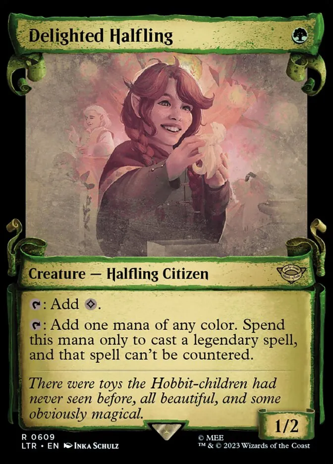 2023 The Lord of the Rings: Tales of Middle-earth Delighted Halfling #609 rare card image