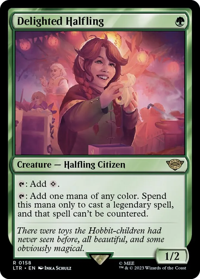 2023 The Lord of the Rings: Tales of Middle-earth Delighted Halfling #158 rare card image