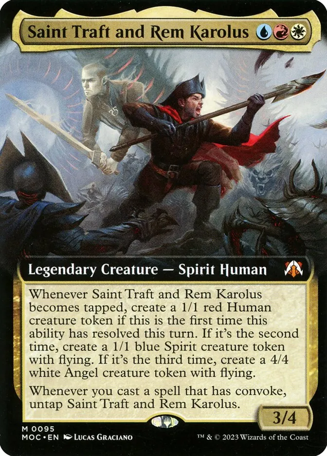 2023 March of the Machine Commander Saint Traft and Rem Karolus #95 mythic card image