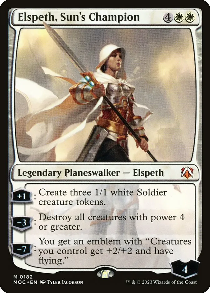 2023 March of the Machine Commander Elspeth, Sun's Champion #182 mythic card image