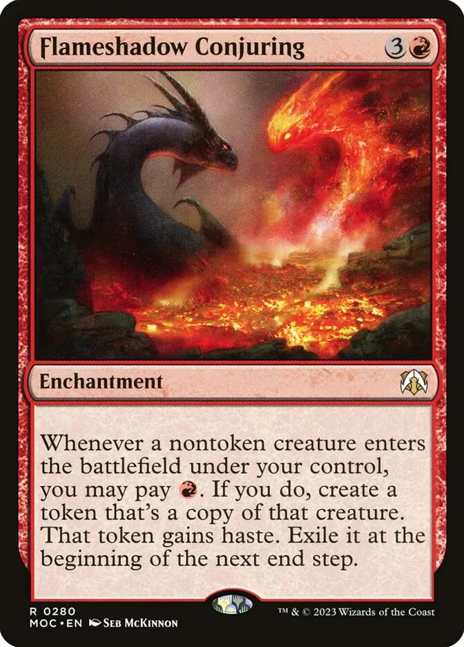 2023 March of the Machine Commander Flameshadow Conjuring #280 rare card image