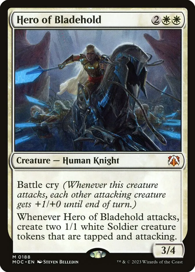 2023 March of the Machine Commander Hero of Bladehold #188 mythic card image