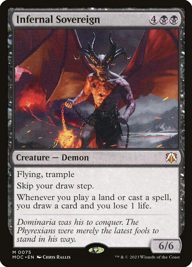 2023 March of the Machine Commander Infernal Sovereign #75 mythic card image