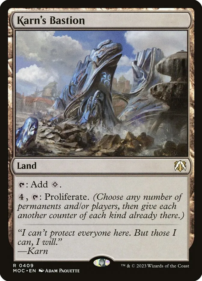 2023 March of the Machine Commander Karn's Bastion #409 rare card image