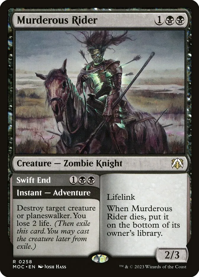 2023 March of the Machine Commander Murderous Rider // Swift End #258 rare card image
