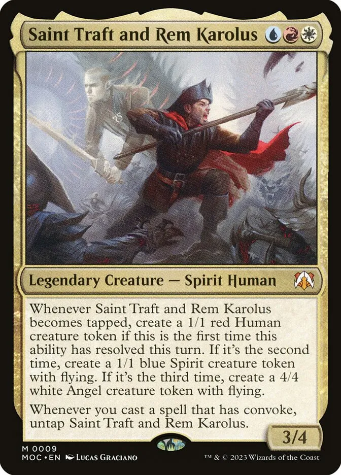 2023 March of the Machine Commander Saint Traft and Rem Karolus #9 mythic card image