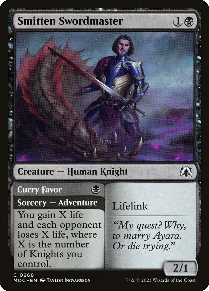 2023 March of the Machine Commander Smitten Swordmaster // Curry Favor #268 common card image