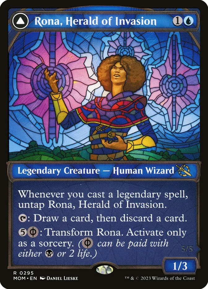 2023 March of the Machine Rona, Herald of Invasion // Rona, Tolarian Obliterator #295 rare card image