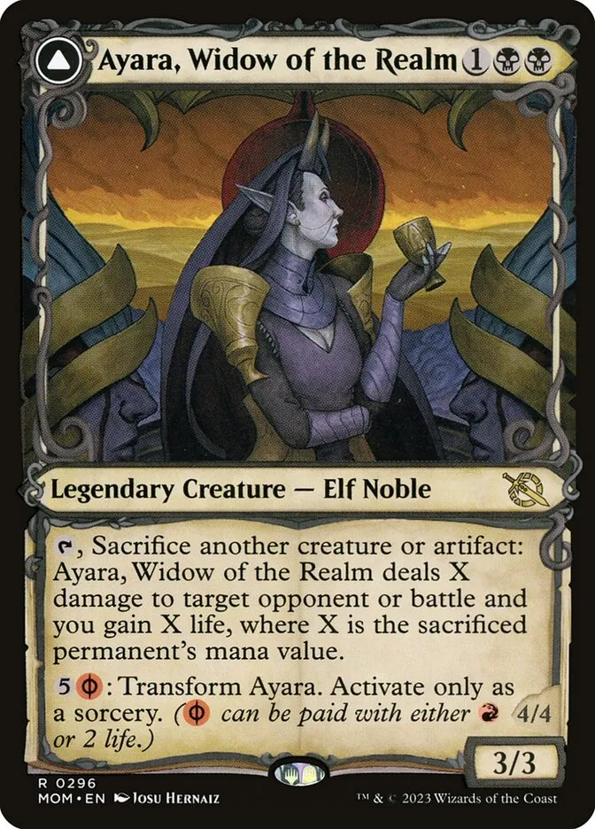 2023 March of the Machine Ayara, Widow of the Realm // Ayara, Furnace Queen rare #296 rare card image