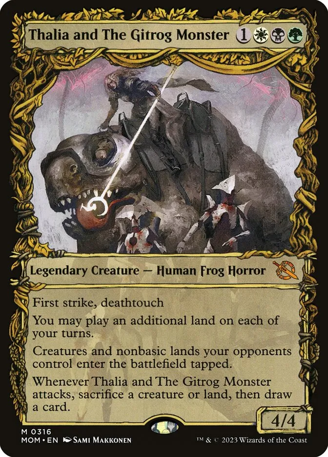 2023 March of the Machine Thalia and The Gitrog Monster #316 mythic card image