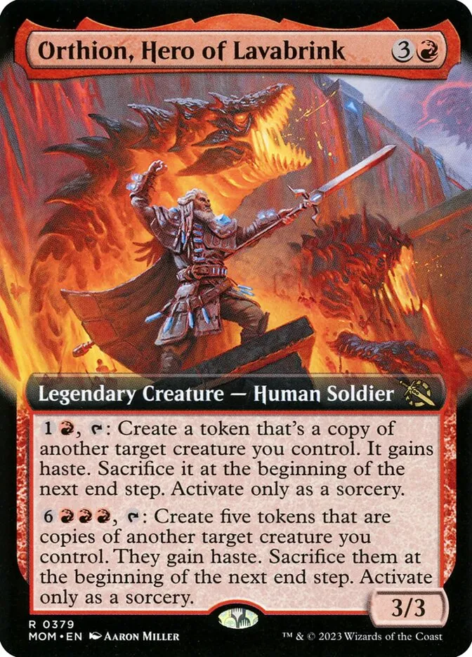 2023 March of the Machine Orthion, Hero of Lavabrink #379 rare card image