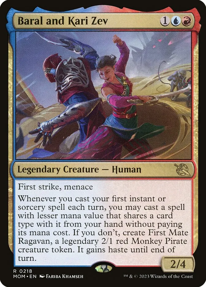 2023 March of the Machine Baral and Kari Zev #218 rare card image