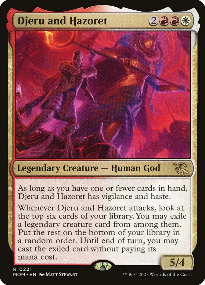 2023 March of the Machine Djeru and Hazoret #221 rare card image