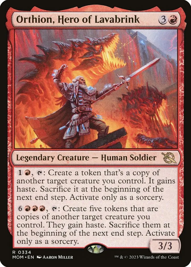 2023 March of the Machine Orthion, Hero of Lavabrink rare #334 rare card image